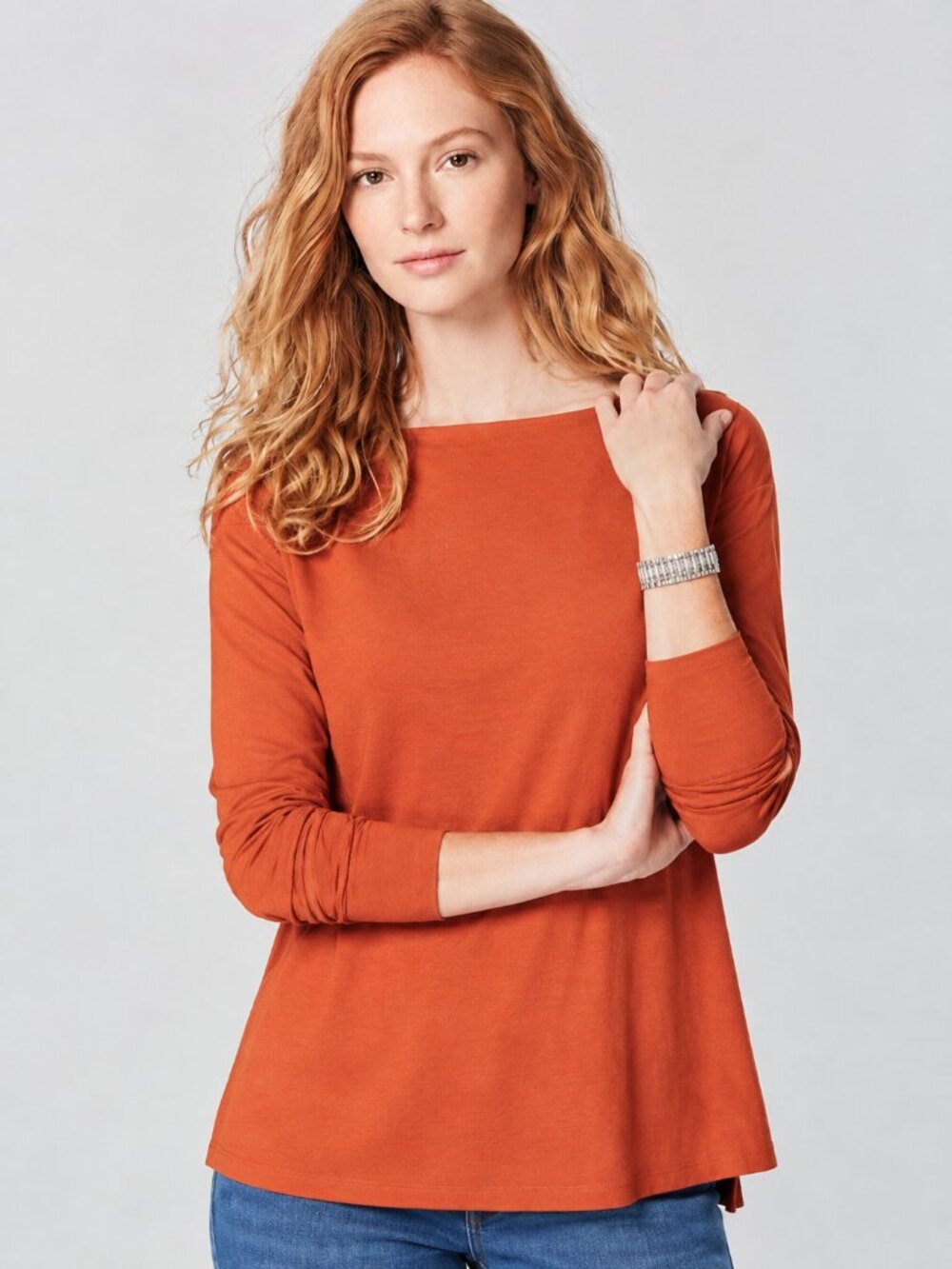 2/$30 J. Jill Petite Supima Boat-Neck Split Hem Tee 3/4 Sleeve Orange #A4706